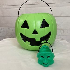 Vintage Green Halloween Candy Buckets Pails Pumpkin General Foam Plastics USA
